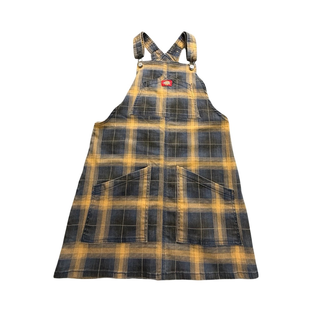 Dickies Overall Dress Womens M Yellow Blue Plaid Cotton Blend Workwear